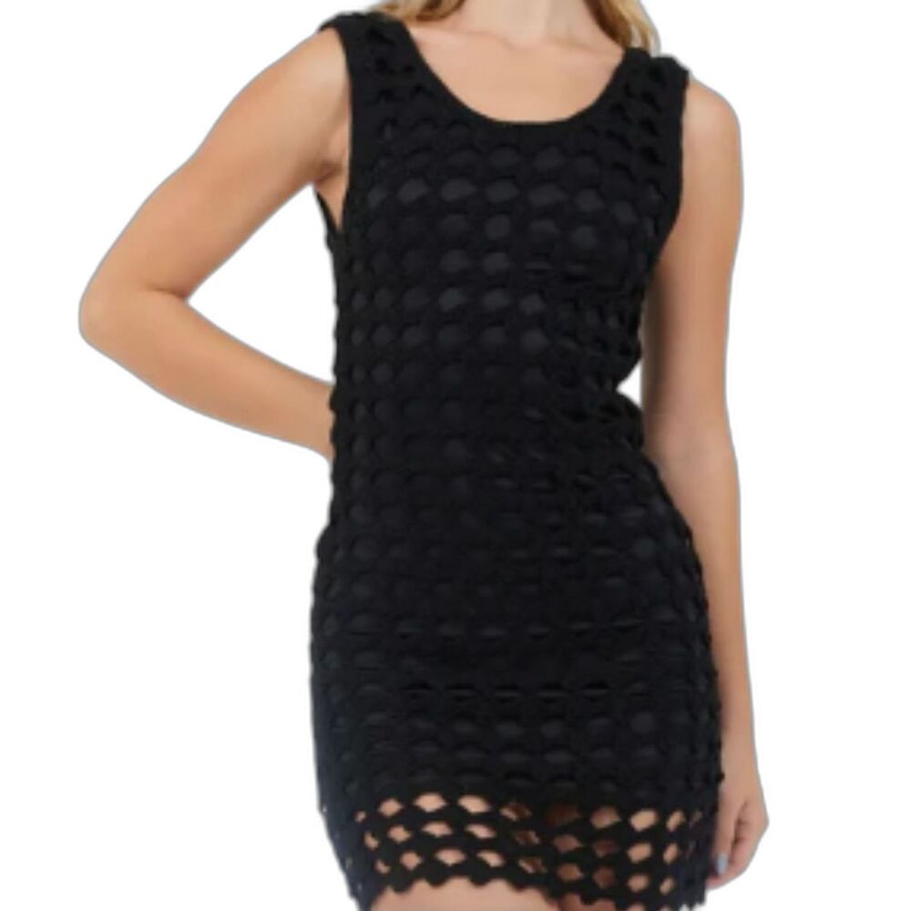 J Valdi Black Mini Spring Dress Multiple Mini Holes Sleeveless Crew Neck Sz XXS